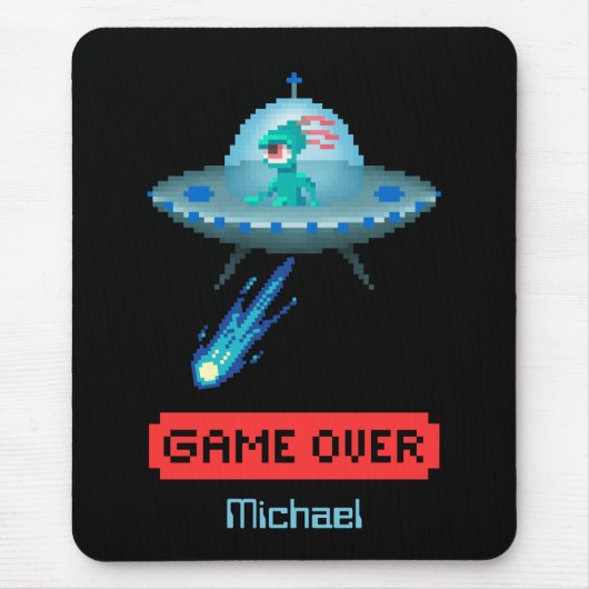 'Game Over' Alien Flying UFO-Raumschiff, Pixel Art Mousepad (Vorne)