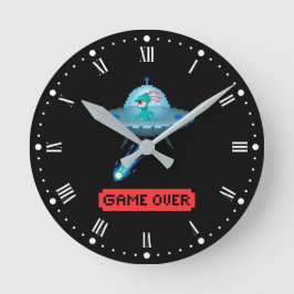 'Game Over' Alien Flying UFO-Raumschiff, Pixel Art Runde Wanduhr