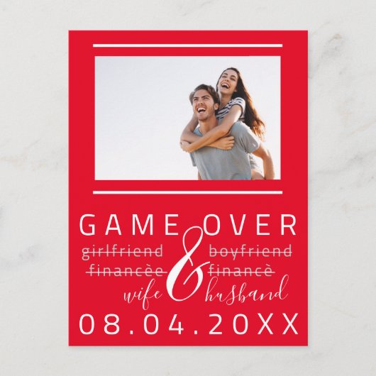 Game Over Funny Save the Date Foto Red White Postkarte (Vorderseite)
