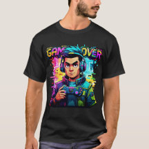 Game Over Glitch T - Shirt Retro Neon Gamer T-Shir