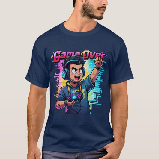 Game Over Neon Glitch T - Shirt Retro Gamer Tshirt (Vorderseite)