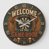 Game Room Dartboard Rustic Pub Bar Decor  Große Wanduhr (Vorderseite)