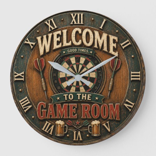 Game Room Dartboard Rustic Pub Bar Decor  Große Wanduhr (Vorderseite)