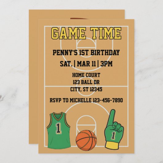 Game Time, Basketball 1st Birthday Einladung (Vorne/Hinten)