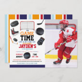 Game Time Ice Hockey Foto Geburtstag Einladung (Vorne/Hinten)