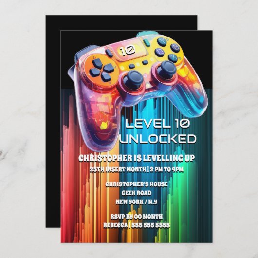 Gamecontroller Neonorange Party Kinder Einladung (Vorne/Hinten)