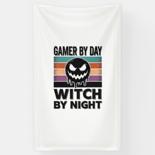 Gamer bei Tag, Hexe bei Nacht Retro-Halloween-Desi Banner