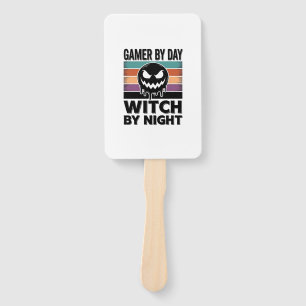 Gamer bei Tag, Hexe bei Nacht Retro Halloween-Desi Fächer