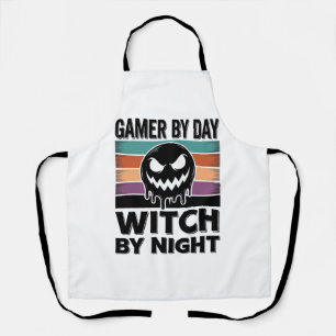 Gamer bei Tag, Hexe bei Nacht Retro-Halloween-Desi Schürze