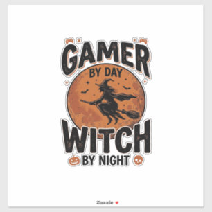 Gamer bei Tag, Hexe bei Nacht, Vintage-Gaming-Desi Aufkleber