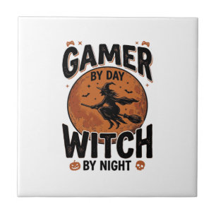 Gamer bei Tag, Hexe bei Nacht, Vintage-Gaming-Desi Fliese