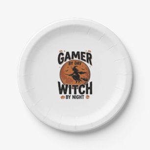 Gamer bei Tag, Hexe bei Nacht, Vintage-Gaming-Desi Pappteller