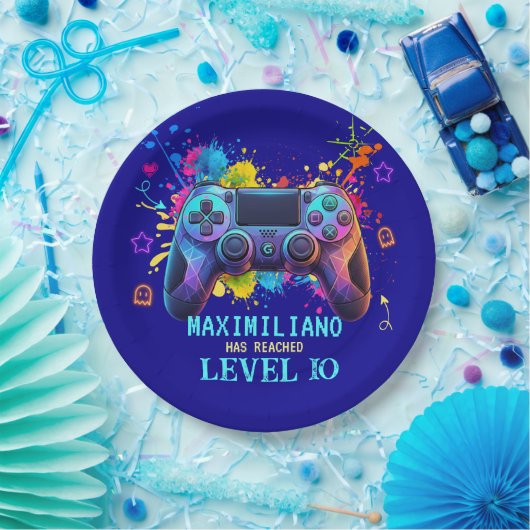 Gamer Birthday Blue Splatter Paint Video Game Pappteller (Party)