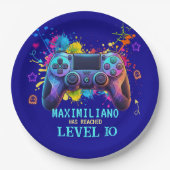 Gamer Birthday Blue Splatter Paint Video Game Pappteller (Vorderseite)