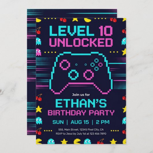 Gamer Birthday Invitation  Pixel Video Game Party Einladung (Vorne/Hinten)