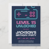 Gamer Boy Level Unlocks Video Games Blue Geburtsta Einladung (Vorderseite)
