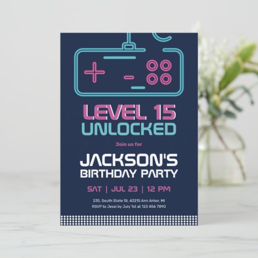Gamer Boy Level Unlocks Video Games Blue Geburtsta Einladung (Stehend Vorderseite)