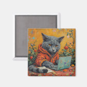 Gamer Cat at the Computer – Funny Tech Meme Square Magnet (Vorderseite/Rückseite)