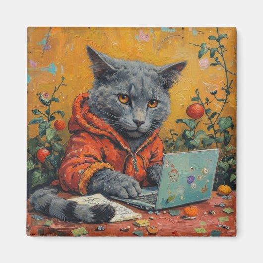 Gamer Cat at the Computer – Funny Tech Meme Square Magnet (Vorne)