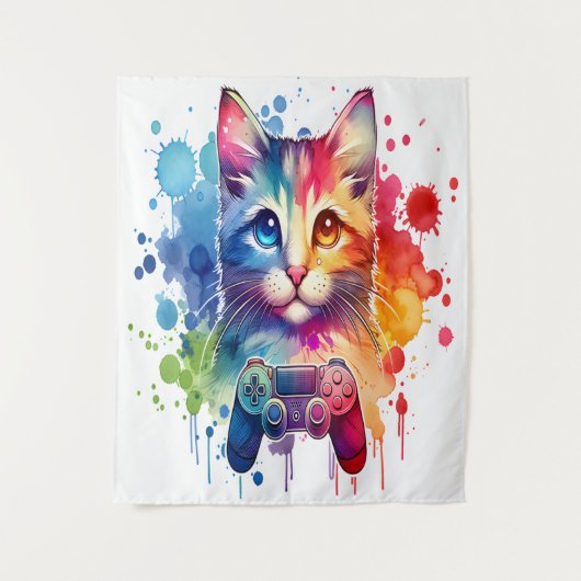 Gamer Cat Delight: Farbiges Wasserfarbband Wandteppich (Vorderseite)