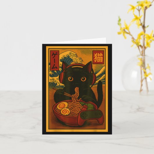 Gamer Cat Eating Ramen Japanese Style Karte (Gelbe Blume)
