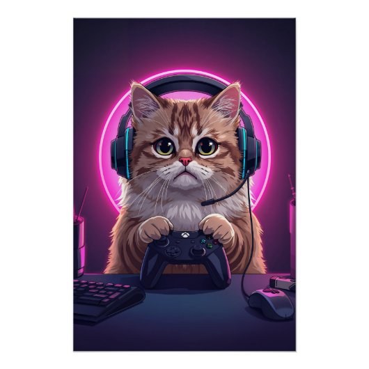 Gamer Cat Kids Poster – Lustiges Cartoon Kätzchen (Vorderseite)