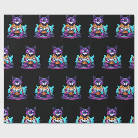 Gamer Cat, Kitten mit Spiel Controller Animation S Geschenkpapier (Flach)