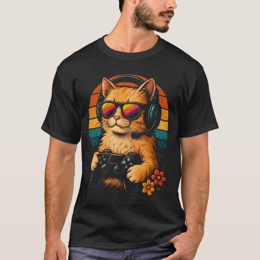 Gamer Cat - Retro Style Kopfhörer und Controller T-Shirt (Vorderseite)
