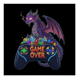 Gamer Drache bewacht RPG-Würfelhort bei "Game Over Poster