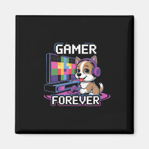 Gamer Forever – Süßer Hund mit Kopfhörer und Konso Magnet