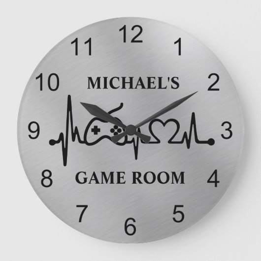 Gamer Gaming Heartbeat Monogram Silver Große Wanduhr (Vorderseite)