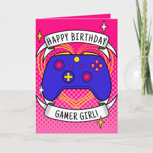 Gamer Girl Blue Controller Geburtstag Karte (Vorderseite)