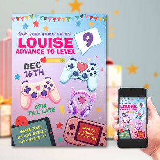 Gamer Girl Colorful Pink Video Game Geburtstag Einladung