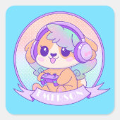 Gamer Girl Kawaii Chibi Dog Baby Blue mit Name Quadratischer Aufkleber (Vorderseite)