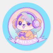 Gamer Girl Kawaii Chibi Dog Baby Blue mit Name Runder Aufkleber (Vorderseite)