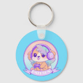 Gamer Girl Kawaii Chibi Dog Baby Blue mit Name Schlüsselanhänger (Vorderseite)