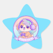 Gamer Girl Kawaii Chibi Dog Baby Blue mit Name Stern-Aufkleber (Vorderseite)