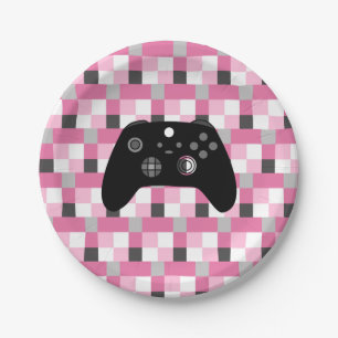 Gamer Girl Pink Pixel und Black Birthday Pappteller