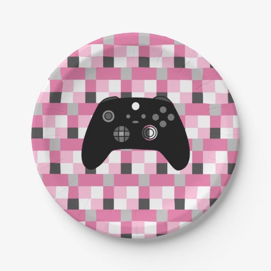 Gamer Girl Pink Pixel und Black Birthday Pappteller (Vorderseite)