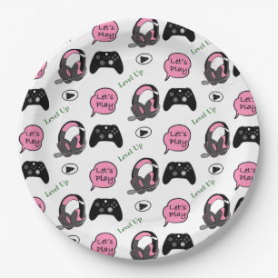 Gamer Girl Pink und Black Birthday Pappteller