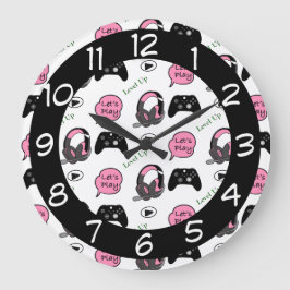 Gamer Girl Pink und Black Große Wanduhr