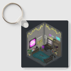 Gamer Girl Video Gaming Isometrischer Raum Diorama Schlüsselanhänger
