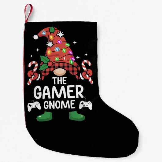 Gamer Gnome Buffalo Kariert Matching Family Xmas Kleiner Weihnachtsstrumpf (Vorderseite)