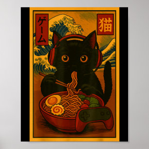Gamer-Katze isst Ramen auf japanische Art Poster
