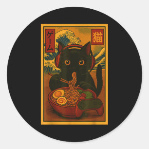 Gamer-Katze isst Ramen auf japanische Art Runder Aufkleber