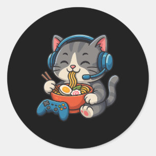 Gamer-Katze isst Ramen - Gaming-Liebhaber Konsole Runder Aufkleber