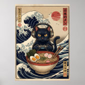Gamer-Katze mit Ramen und Große Welle Poster (Vorne)