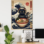Gamer-Katze mit Ramen und Große Welle Poster (Heimbüro)