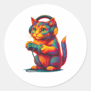 Gamer-Katze Videospiele Jungen Teenager Männer Mäd Runder Aufkleber