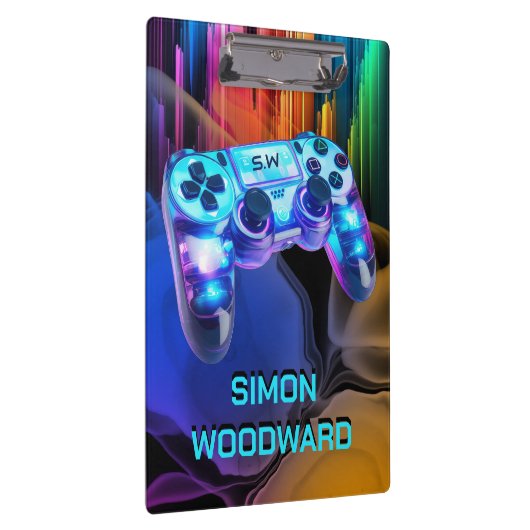 Gamer Neon Light Monogram Controller Name Klemmbrett (Rechts)